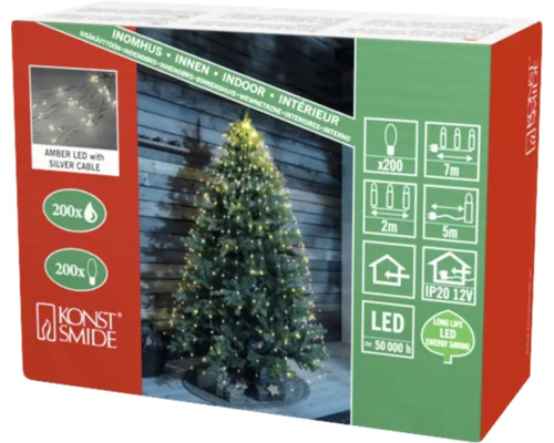 Verpakking van een lichtsnoer met 200 amberkleurige LEDs met zilverkleurige kabel voor gebruik binnenshuis