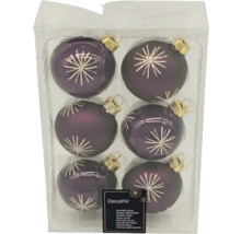 Zes violette glazen kerstballen met sterpatroon in verpakking