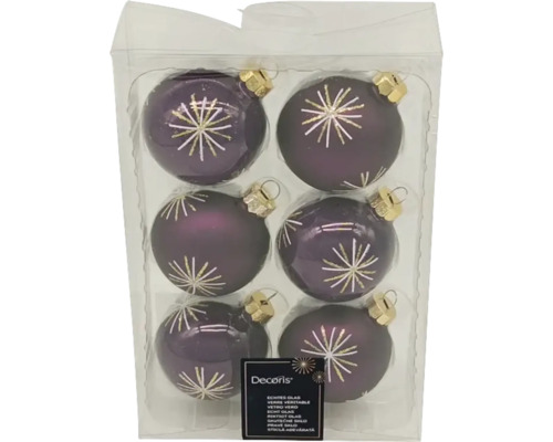 Zes violette glazen kerstballen met sterpatroon in verpakking