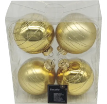 Vier goudkleurige glazen kerstballen in transparante verpakking.
