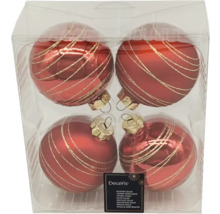 Set van vier rode glazen kerstballen met gouden strepen