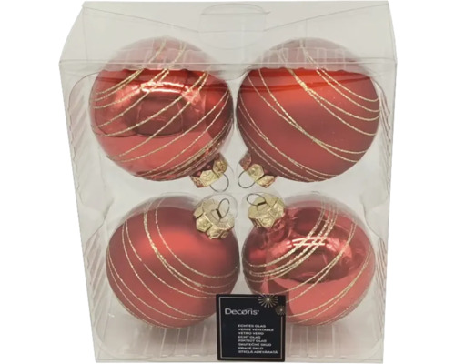 Set van vier rode glazen kerstballen met gouden strepen