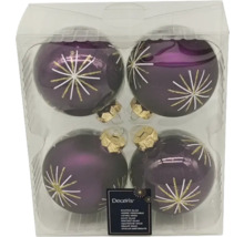Vier violette glazen kerstballen met decoratie in een transparante plastic verpakking