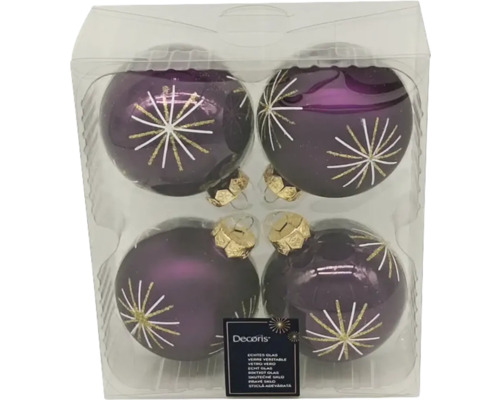 Vier violette glazen kerstballen met decoratie in een transparante plastic verpakking