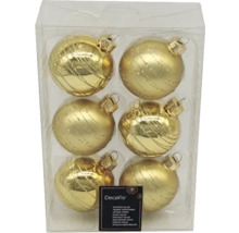 Zes gouden glazen kerstballen in transparante verpakking.