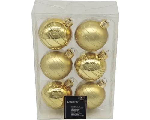 Zes gouden glazen kerstballen in transparante verpakking.