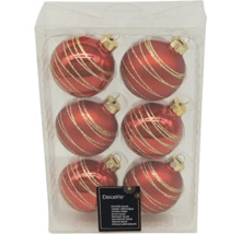 Verpakking van zes rode kerstballen met gouden strepen
