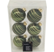 Verpakking met zes groene glazen kerstballen met gouden strepen