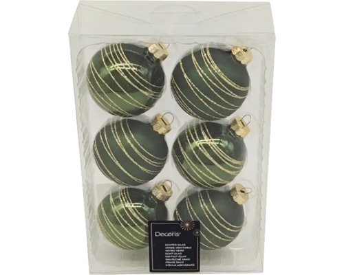 Verpakking met zes groene glazen kerstballen met gouden strepen