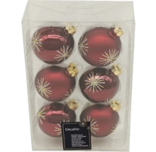Zes rode glazen kerstballen met sterpatroon in een transparante verpakking.