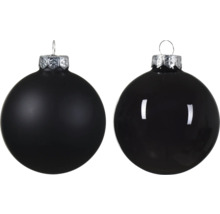 Twee zwarte kerstballen met een matte en glanzende afwerking
