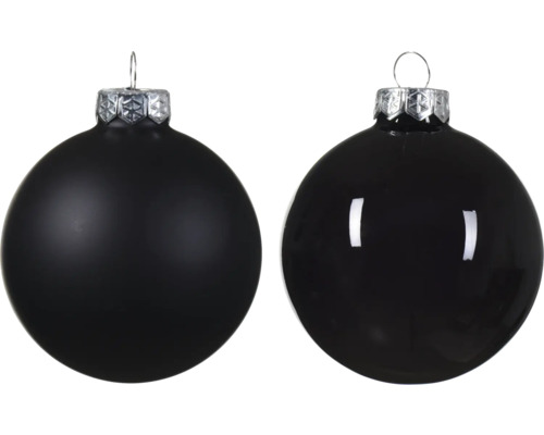 Twee zwarte kerstballen met een matte en glanzende afwerking