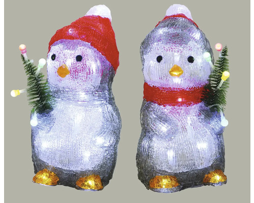 Twee pinguïnfiguren met LED-verlichting en kerstboom