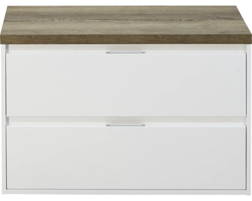 SANOX Badkamermeubelset voor waskom Porto hoogglans wit 90 cm met twee lades incl. bovenblad tabacco Onderkast met twee laden en houten blad