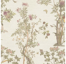 Behang met bloemmotief van bomen, bloemen, vogels en insecten