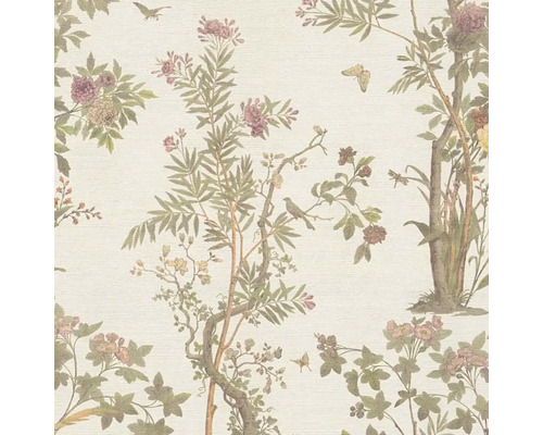 Behang met bloemmotief van bomen, bloemen, vogels en insecten