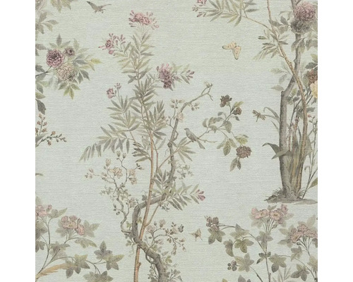 Behang met bloemen-, boom- en vogelmotieven