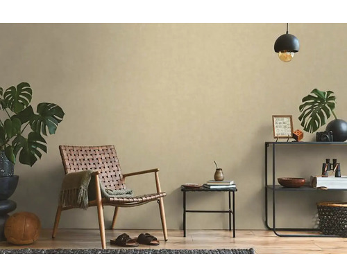 Woonkamer met gevlochten stoel, bijzettafel en decoraties op een plank