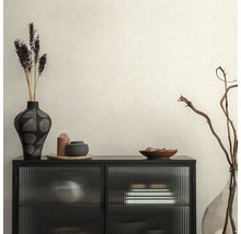 Decoratief interieur met zwarte kast, vazen en droogbloemen op beige behang.