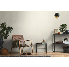 Woonkamer met rieten stoel, plank en kamerplanten voor een gezellige sfeer