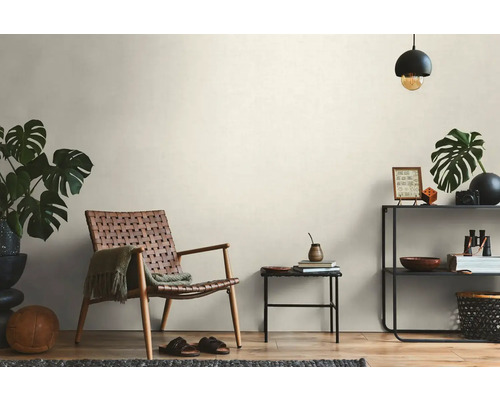 Woonkamer met rieten stoel, plank en kamerplanten voor een gezellige sfeer