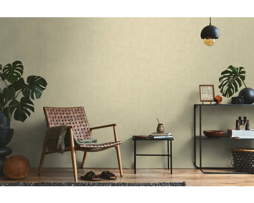 Woonkamer met rotan stoel, bijzettafel en rek met decoraties voor een gezellige sfeer.