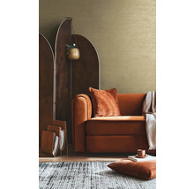 Woonkamer met bruine bank, kamerscherm, tapijt en decoraties voor een gezellige sfeer