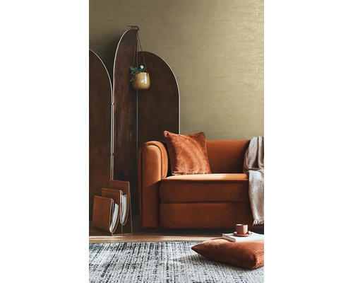 Woonkamer met bruine bank, kamerscherm, tapijt en decoraties voor een gezellige sfeer