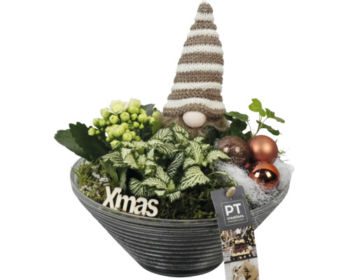 Kerstdecoratie met planten, kabouterfiguur en ballen in een pot