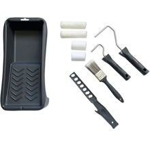 Verfset met verfbak, verfrollers, kwast en afstrijfrooster