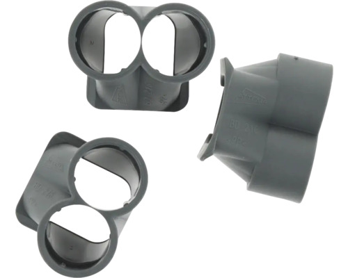 ATTEMA Buisinvoer voor inbouwdoos dubbel 16 mm 5/8" grijs 3 stuks Drie aanzichten van een dubbele buisklem van kunststof