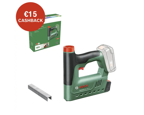 BOSCH Accu tacker UniversalTacker 18V-14 (zonder accu) **€15,- cashback** Bosch Universal Tacker 18V-14 accuhefter met klemmen en productverpakking