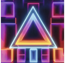 Abstracte weergave met geometrische neonvormen: driehoek en vierkanten.