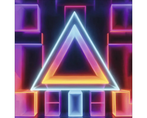 Abstracte weergave met geometrische neonvormen: driehoek en vierkanten.