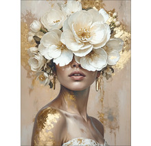 Schilderij van een vrouw met bloemen in haar haar en gouden accenten