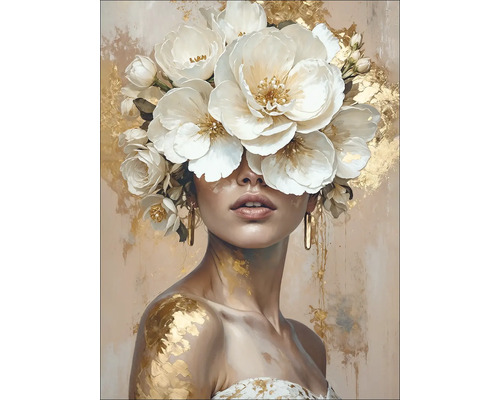 Schilderij van een vrouw met bloemen in haar haar en gouden accenten