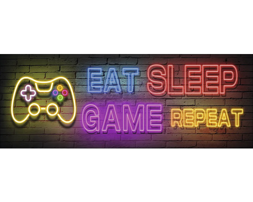 PURE LIVING Schilderij canvas Game Herkansing II 77x27 cm Neonreclame met gameconsole, eten, slapen, gamen, herhalen op een bakstenen muur