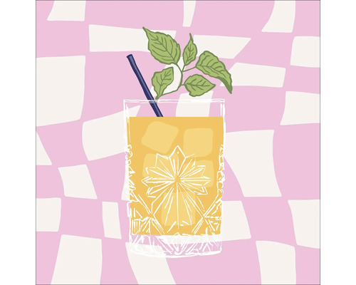 PURE LIVING Schilderij canvas Gele Cocktail 40x40 cm Getekend glas met drank, ijsblokjes, rietje en plantentak