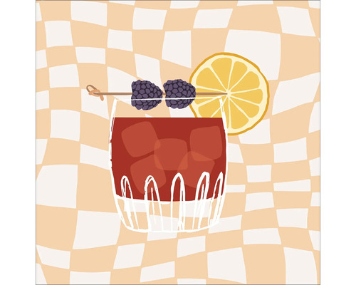 PURE LIVING Schilderij canvas Rode Cocktail 40x40 cm Getekend glas met drank, ijsblokjes, bramen en citroenschijf