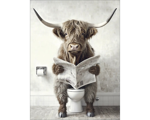 PURE LIVING Schilderij canvas Grappige Schotse hooglander I 57x77 cm Geïllustreerde Hooglander koe op toilet leest krant
