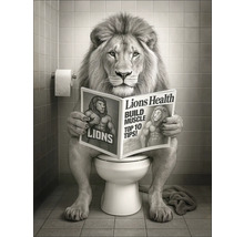 Leeuw zit op toilet en leest een tijdschrift