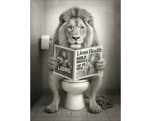 PURE LIVING Schilderij canvas Grappige leeuw 57x77 cm Leeuw zit op toilet en leest een tijdschrift