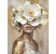 Schilderij van een vrouw met bloemenhoofddeksel en gouden accenten