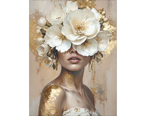 Schilderij van een vrouw met bloemenhoofddeksel en gouden accenten