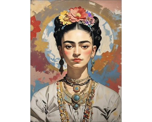 Schilderij van een vrouw met bloemen in haar haar en kettingen