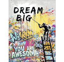 "Decoratieve muurschildering met graffiti en de spreuk ""Dream Big""."