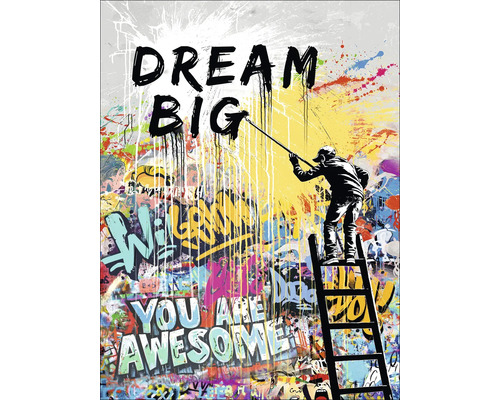 "Decoratieve muurschildering met graffiti en de spreuk ""Dream Big""."