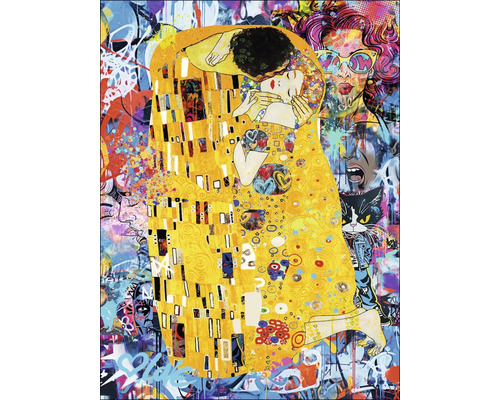 Schilderij in de stijl van Gustav Klimts De Kus met graffiti-elementen