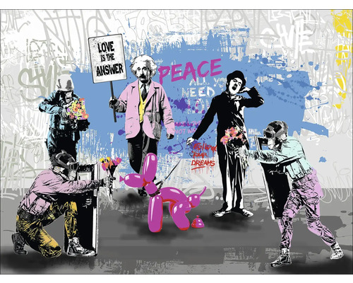 PURE LIVING Schilderij canvas Liefde is het antwoord 116x84 cm Wandschildering met personen, dieren en de tekst 'Love is the answer'