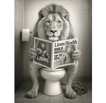 Leeuw zit op een toilet en leest een tijdschrift